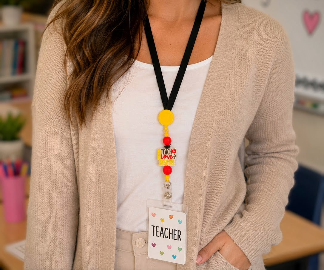 "Teach, Love, Inspire" Teacher Focal Bead Badge Reel
